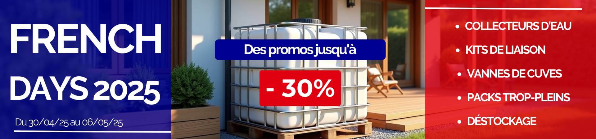 Bannière Multicuves.com, image de deux récupérateurs d'eau de pluie, posés devant la terrasse en bois d'une maison moderne